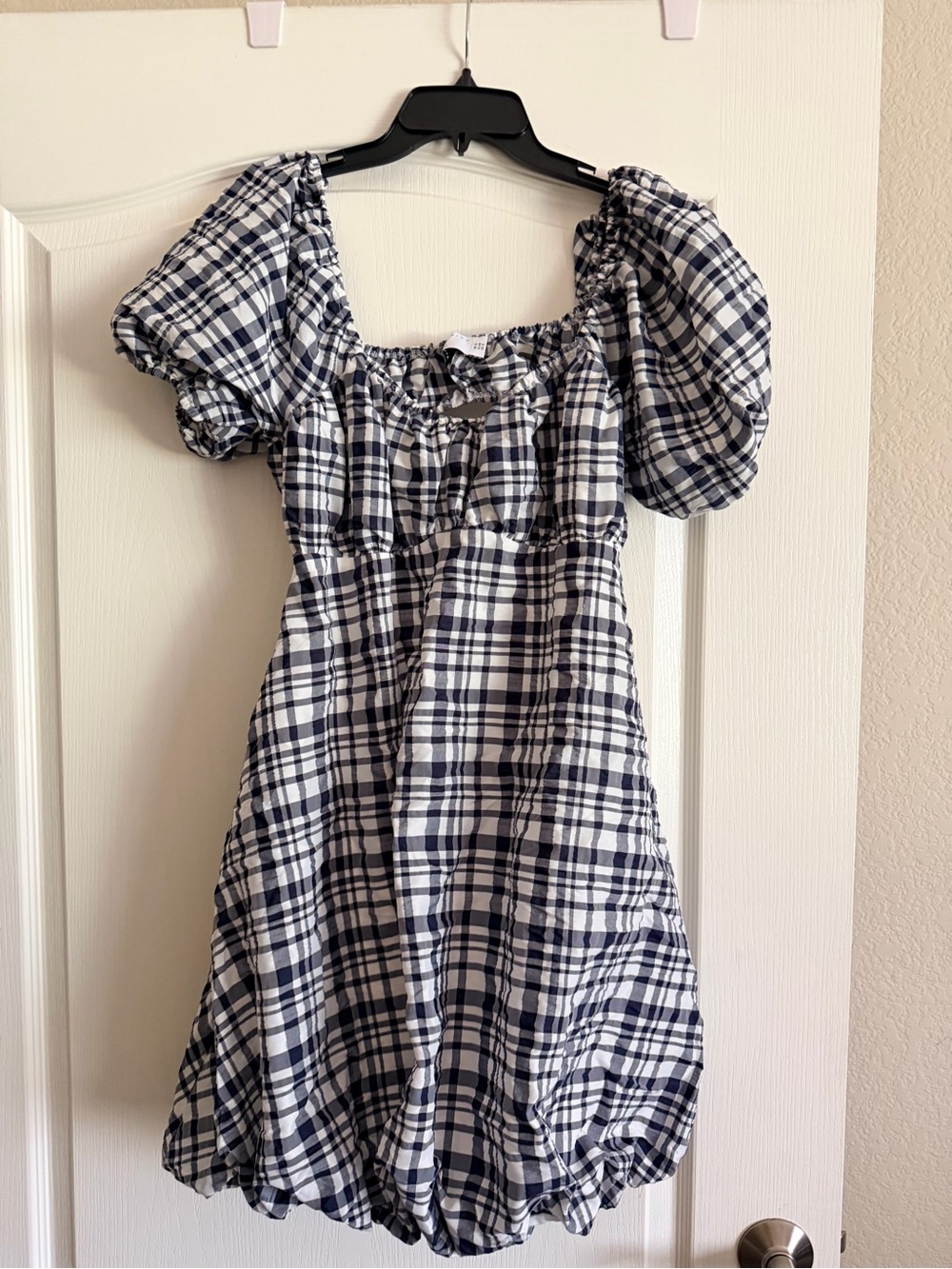 ASOS Navy and White Plaid Puff-Sleeve Dress back out